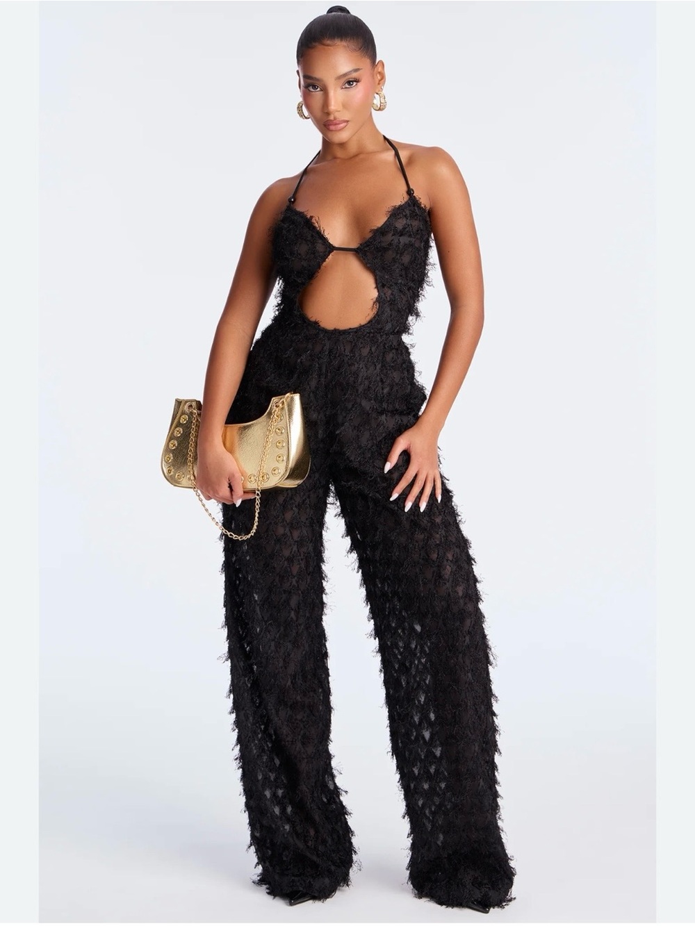 PrettyLittleThing Black Cross Front Textured Wide Leg Jumpsuit US 6 NWT Halter